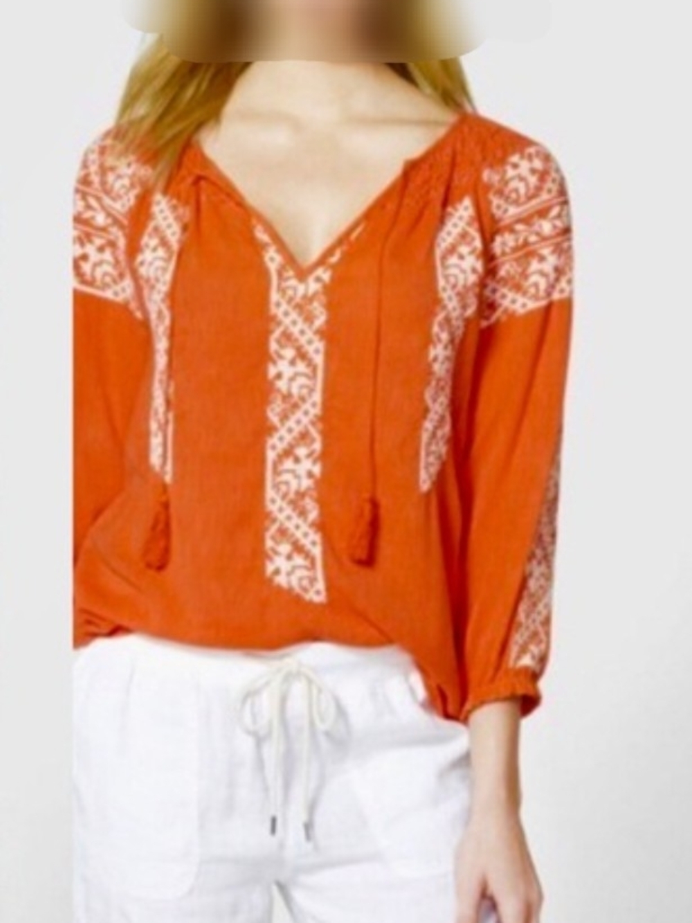 hinge Orange Embroidered V-Neck Peasant Blouse
